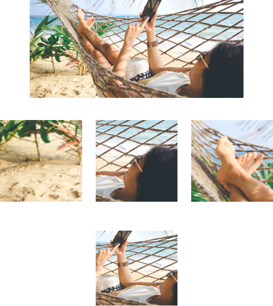 Set of images highlighting the importance of art direction. The original image shows a person relaxing on a hammock on the beach. Subsequent images display bad cropping experiences, like a squared image with sand, a squared image with the person’s face and a squared image focusing on a pair of feet.