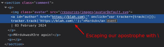 DOM-browser view focusing on the <a> tag: <a id=”author” href=”https://blah.com\'" onclick=”var tracker={track(){}};tracker.track(‘https://blah.com\'');">Marduk</a>