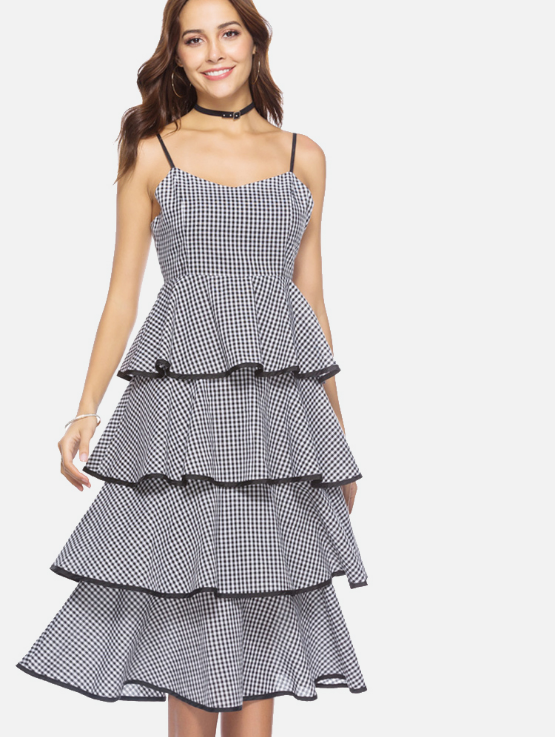Contrast Binding Ruffles Tiered Dress In Check