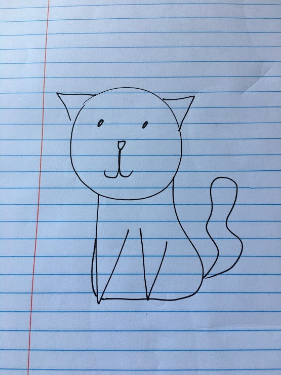 Cartoon drawing of a cat, on looseleaf paper using a fine point Sharpie.