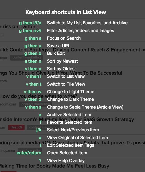 Pocket Keyboard Shortcuts