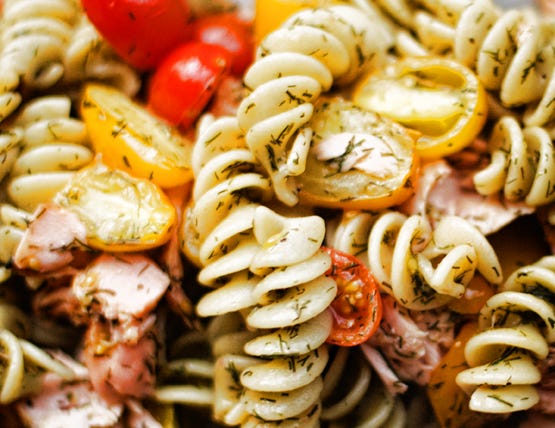 Close-Up of Lemony Salmon and Rotini with Tomatoes