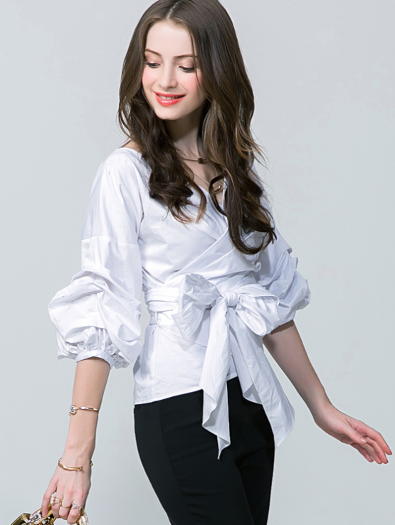 Exaggerated Sleeve Bow Tie Check Wrap Shirt