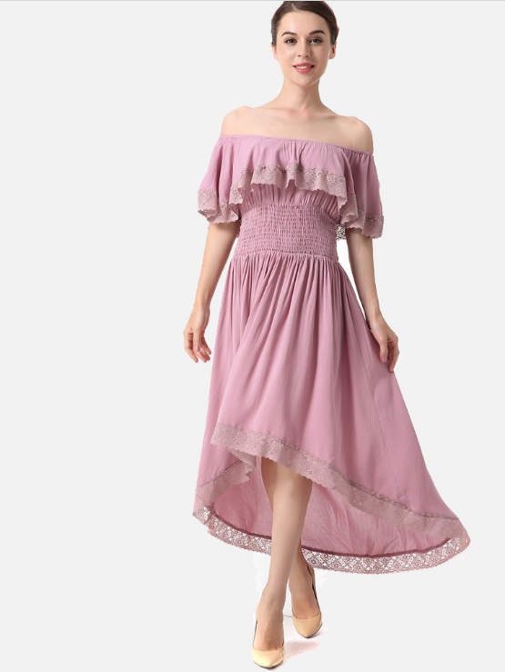 Lace Trim Dip Hem Shirred Waist Ruffles Off The Shoulder Dress