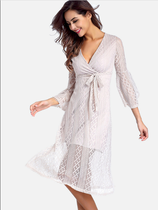 Crochet Lace Surplice Wrap Dress with Fluted Sleeve