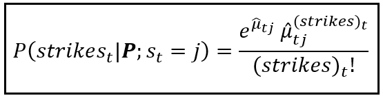 The Markov state dependent probability of observing a particular count of strikes at time t