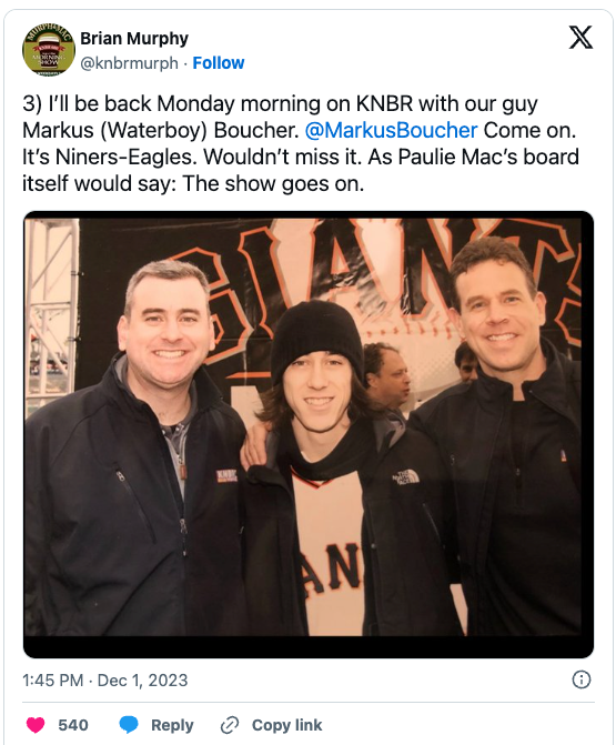 A photo of Brian Murphy’s tweet praising his partner of 18 years, Paul McCaffery who was fired by Cumulus and KNBR on Wednesday