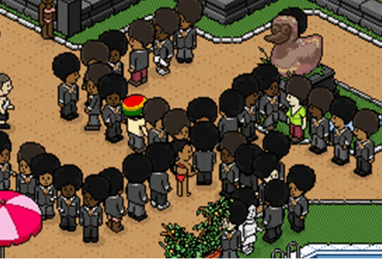 Screenshot of dark-skinned avatars with afros forming a swastika with their bodies in the online game Habbo Hotel