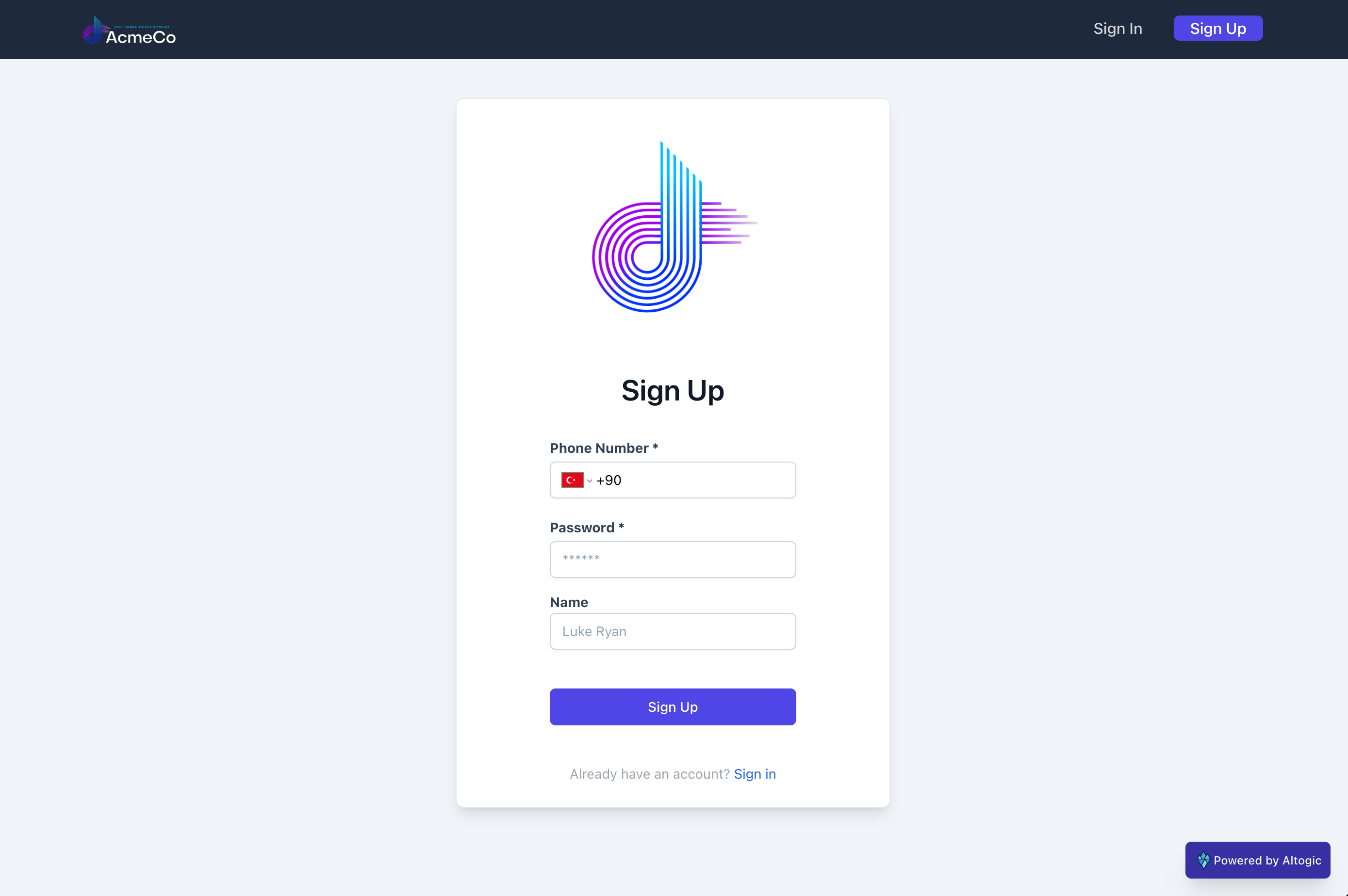 Sign Up page preview