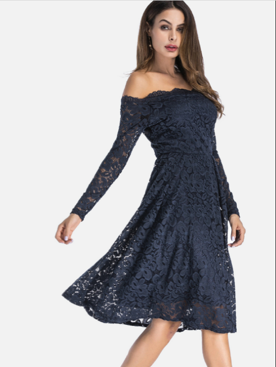 Plus Size Long Sleeve Lace Overlay Midi Bardot Dress