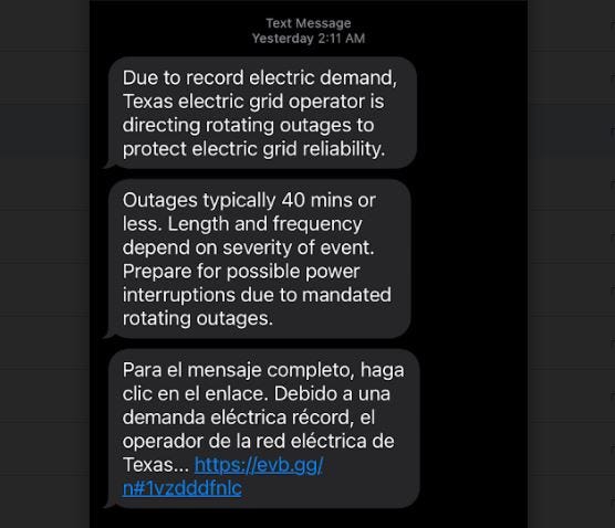 Text from electric company saying that the outage would be under 40 minutes as part of rotating outages.
