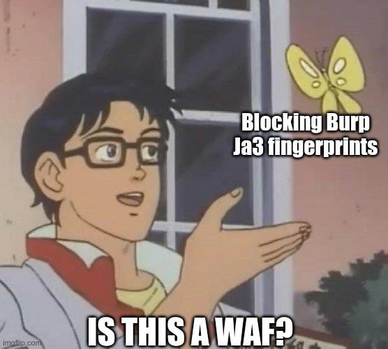 Meme depicting WAF’s blocking JA3 fingerprints of BurpSuite for not getting hacked