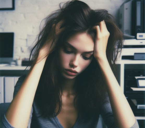 Vrouw met lang donker los haar in kantoor maakt zich zorgen over haar vettige ontlasting door stress.