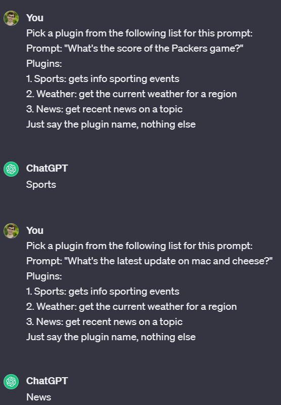 Conversation with ChatGPT. ChatGPT picks the correct plugin for sports and news. Full text linked in article.