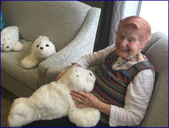 Senior citizen holding a Paro robot.