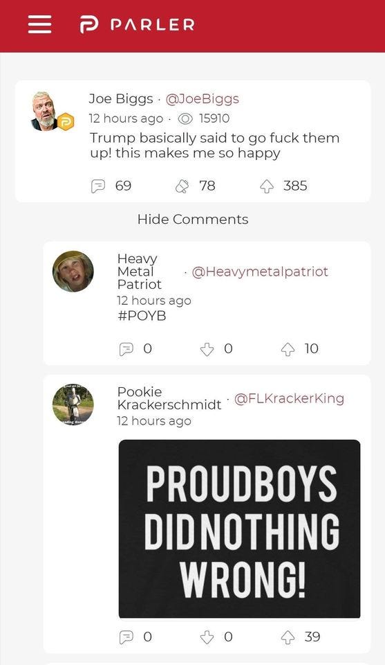 Screengrab from Parler. Proud Boy organizer Joe Briggs: “Trump basically said to go fuck them up! this makes me so happy.”