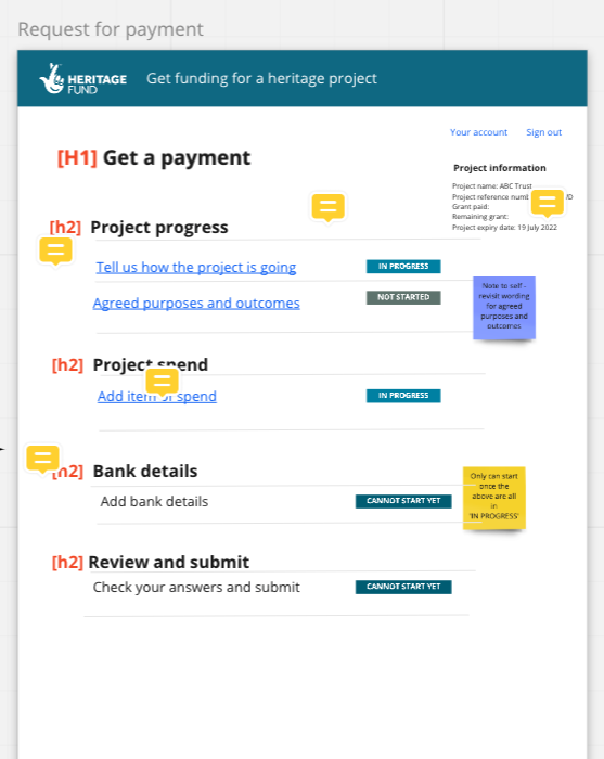 A low fidelity prototype task list allowing users to tell us their progress, what they have spent and add bank details. Users are also able to check their answers. The project information is displayed on the right as a reference