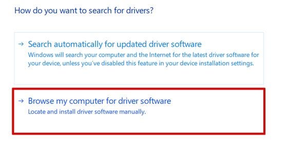 Select the Browser my computer for driver software option