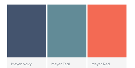 Our new color palette includes shades of Navy, Teal, and Red. Accent colors are yellow and gray.