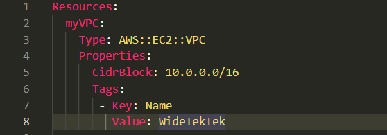 I have chosen a CidrBlock of 10.0.0.0/16. as well as my own name “WidetekTek.”