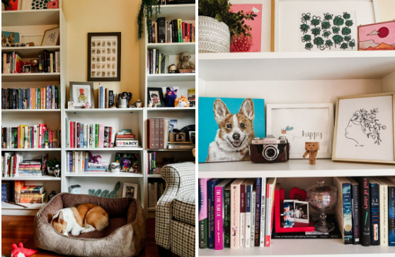 Pictures of a home office with neatly stocked bookshelves and art displays.