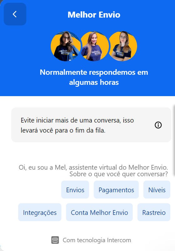 recorte de uma janela de conversação por chat em que uma personagem chamada Mel se apresenta como assistente virtual e fornece 6 opções para a pessoa usuária: Envios, Pagamentos, Integrações, Rastreio, Conta Melhor Envio e Níveis