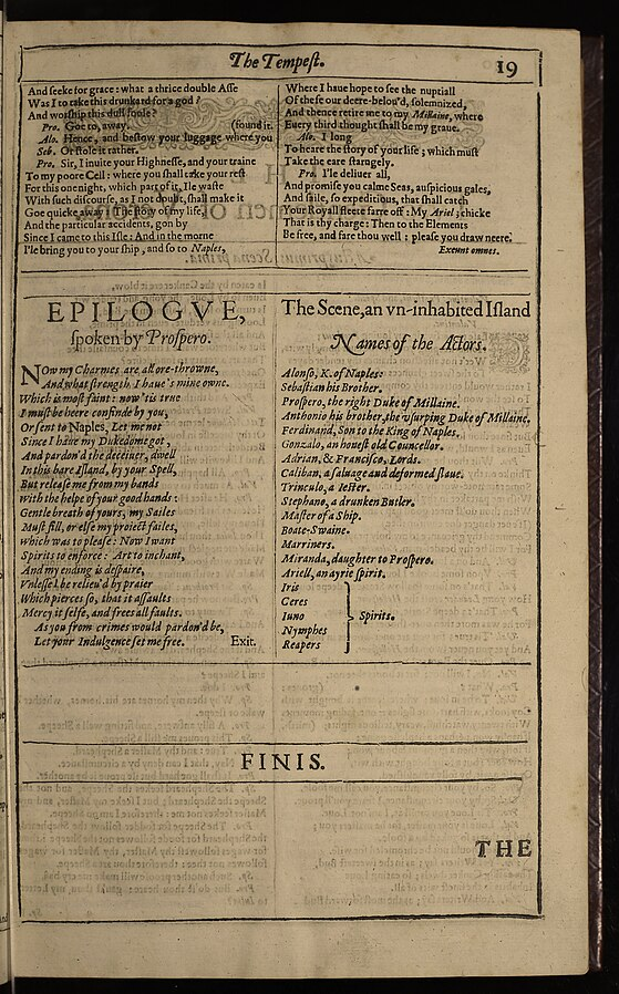 A page from Shakespeare’s First Folio showing the dramatis personae from The Tempest.