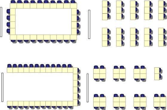 A floor plan of a classroom showing 4 different seating arrangements.