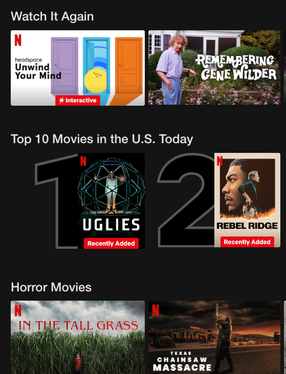 The third set of categories on Erin’s desktop Netflix: Watch It Again, Top 10 Movies in the U.S., and Horror Movies.