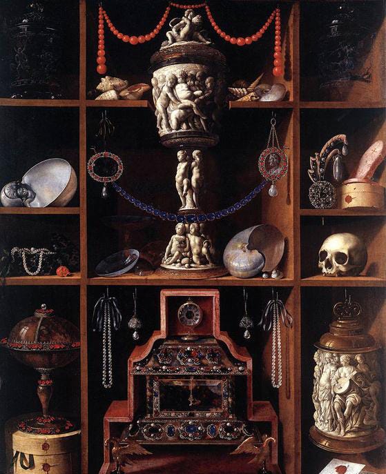 Still life in a cabinet of curiosities, Johann Georg Hinz, 1666