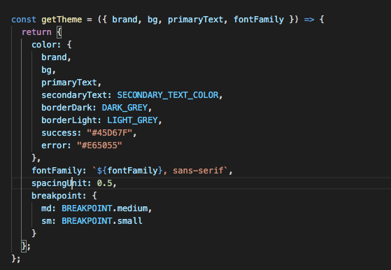 screen shot of a code snippet containing an app’s theme object