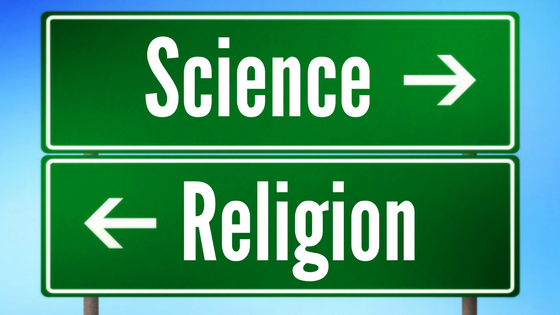 road signs showing science and religion pointing in opposite directions