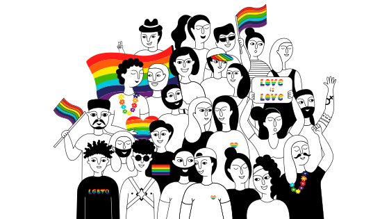 Cartoon of people with Pride flags and a banner that says “Love is love”