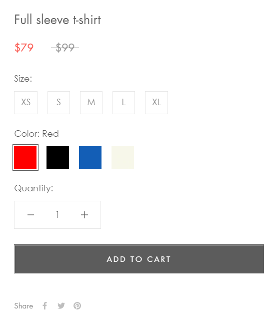 Shopify product page with color swatch