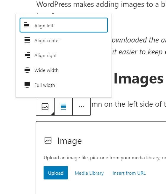 Alignment menu, featuring options to align Left, Center, Right, make it wider, or full-width