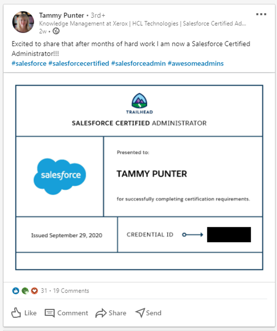 Screenshot of Tammy’s LinkedIn post celebrating her certification.