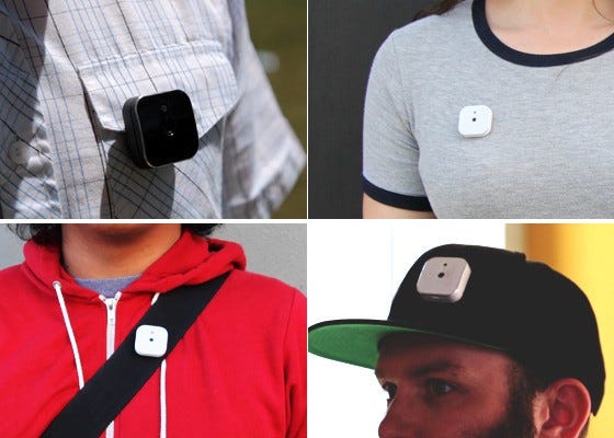 4 pictures of the Lightbox Lifelogging camera, attached to different positions on the body; pocket flap, chest of a t-shirt, bag strap, and hat.