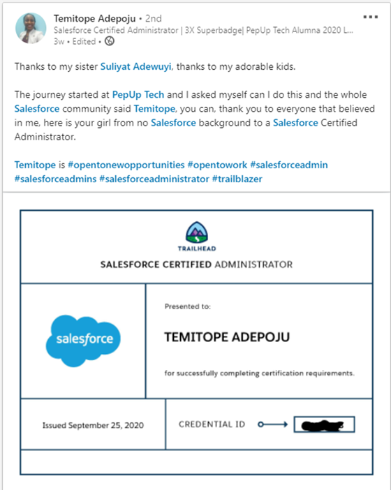 Screenshot of Temitope’s LinkedIn post celebrating her certification.