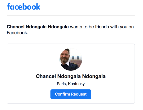 Facebook friend request panel, showing a request from Chancel Ndongala Ndongala of Paris, Kentucky.