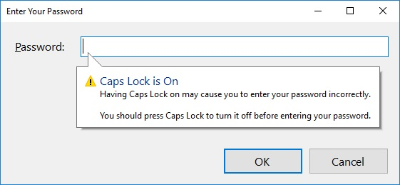 Illustration of a notification that Caps Lock is still on, right below the password input field.