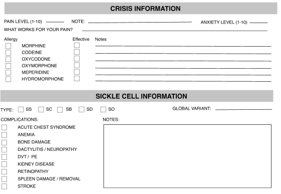 The Sickle Cell-specific form focuses on the crisis and effectively getting the necessary information