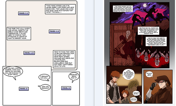 A comic book layout on the left with the final artistic rendering on the right.