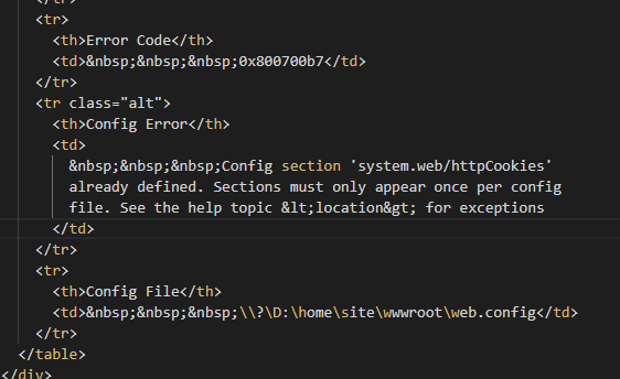 A screenshot of the HTML containing the IIS error message opened in VS Code