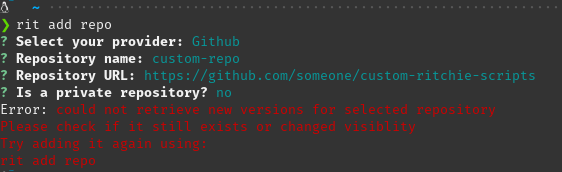 terminal with the result of running “rit add repo”