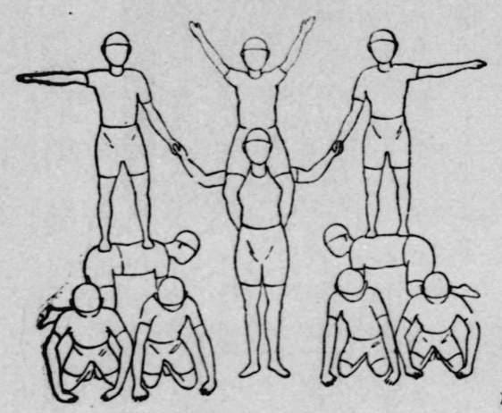 A human pyramid, drawn simply, with 11 figures.