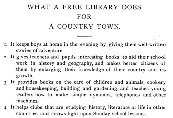 Page from linked book titled “What a free library does for a country town” with top four things all being nice WASPy civics