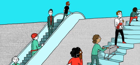 An illustration displaying white individuals effortlessly getting to the top on an escalator while people of color have to use the stairs