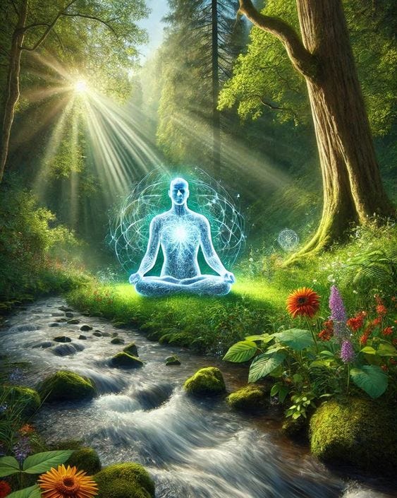 A figure of enlightened human, meditating among nature. Meditation is so deep that energies are visible.