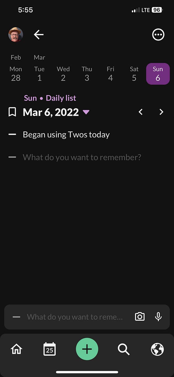 A screenshot of my Twos mobile app showing a Daily List for Mar 6, 2022.