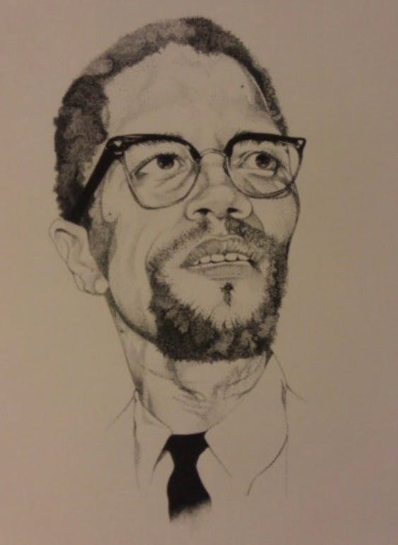 Charcoal drawing on taupe paper of Malcolm X from the famous photo of him looking up to the right as seen from below.